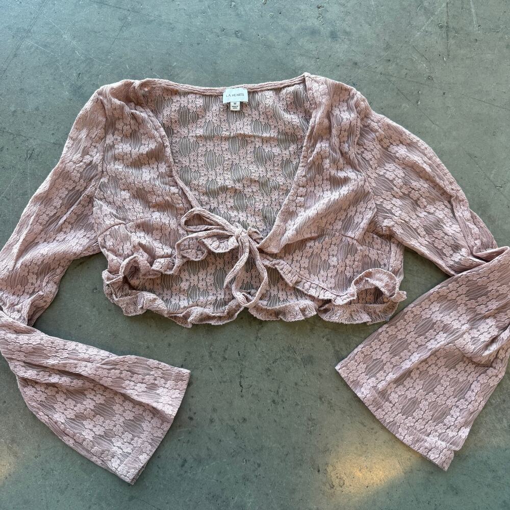 Vintage Y2k Baby Pink Lace Flare Sleeve Bolo Tie Up Crop Blouse La Hearts Medium